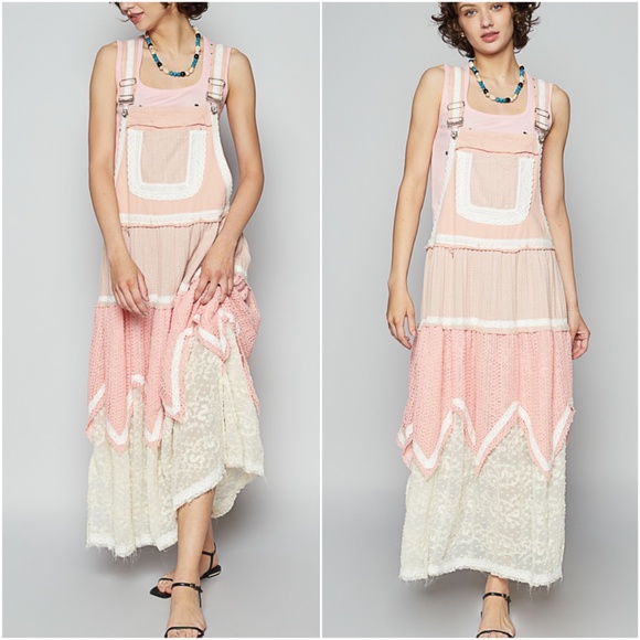 POL Dresses & Skirts - POL Color Block Adjustable Straps Pockets Lace Denim overall Dress